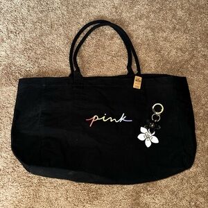 PINK Victoria's Secret Black Canvas Tote with VS Charm
